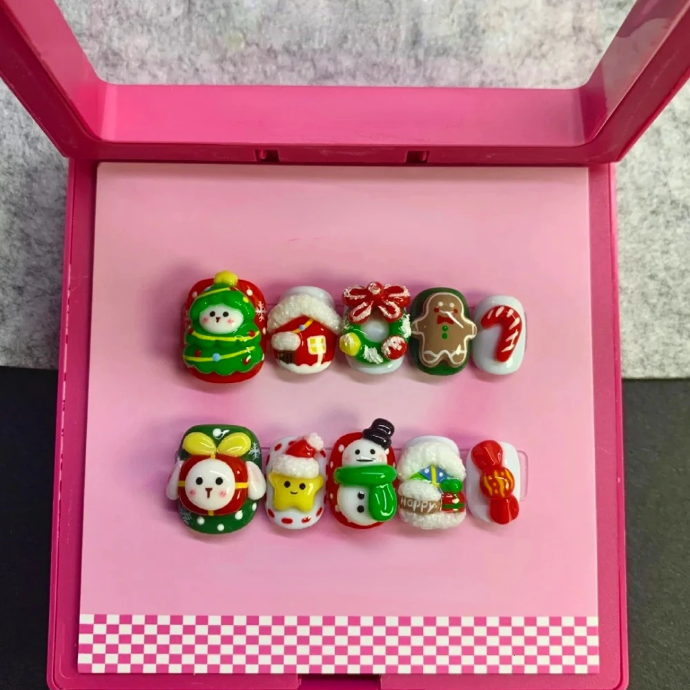 10 ious handmade pressed nails for Christmas and Year cute 3D short square limited fake nail n art DIY nail set 241031