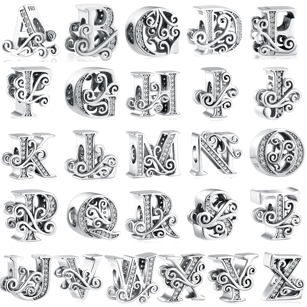 New S925 Sterling Silver Flower Letter Alphabet A-Z Charm Beads Fit Original Charms Bracelet Pendant Women DIY Jewelry