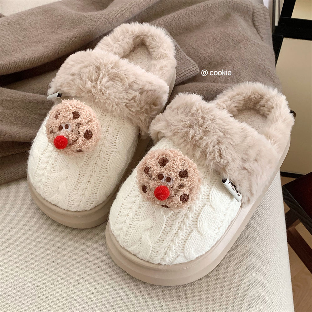 Women's winter trend Red Nose cookies Fluffy cotton slippers Warm and fun cotton slippers for the home bedroom in winter