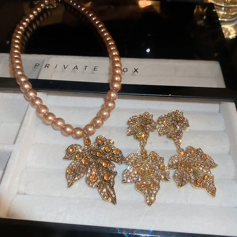 Vintage Champagne Pearl Necklace Maple Leaf Crystal Earrings For Women Party Banquet Jewelry Sets