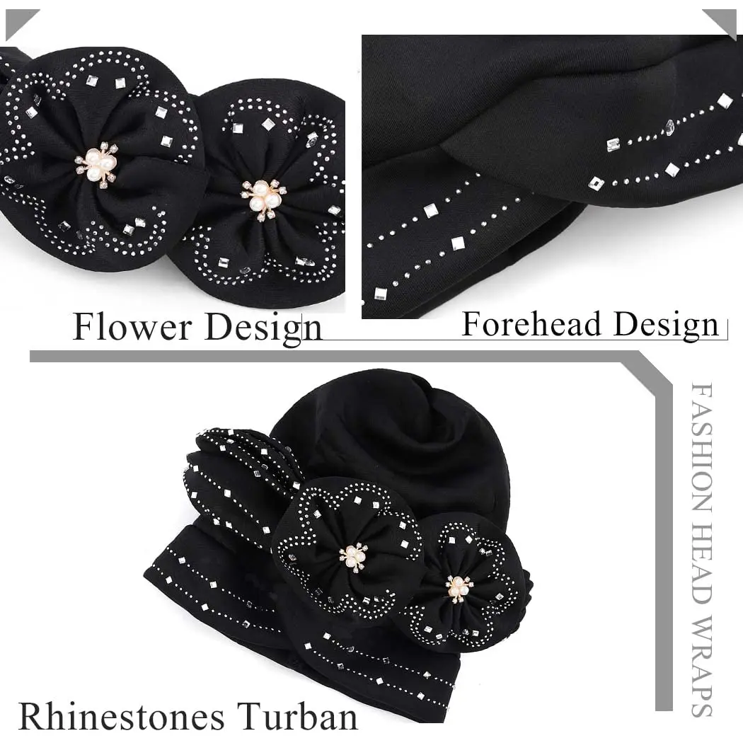 New African Turban Flower Black Pre-Tied Headwrap Sparkling Diamonds Bonnet Beanie Turban Headbands for Women