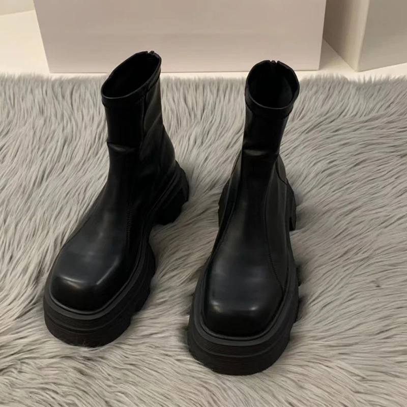 Ankle Mid Heels Winter New Fashion Platform Zipper Goth Casual Motorcycle Boots Women Thick Shoes