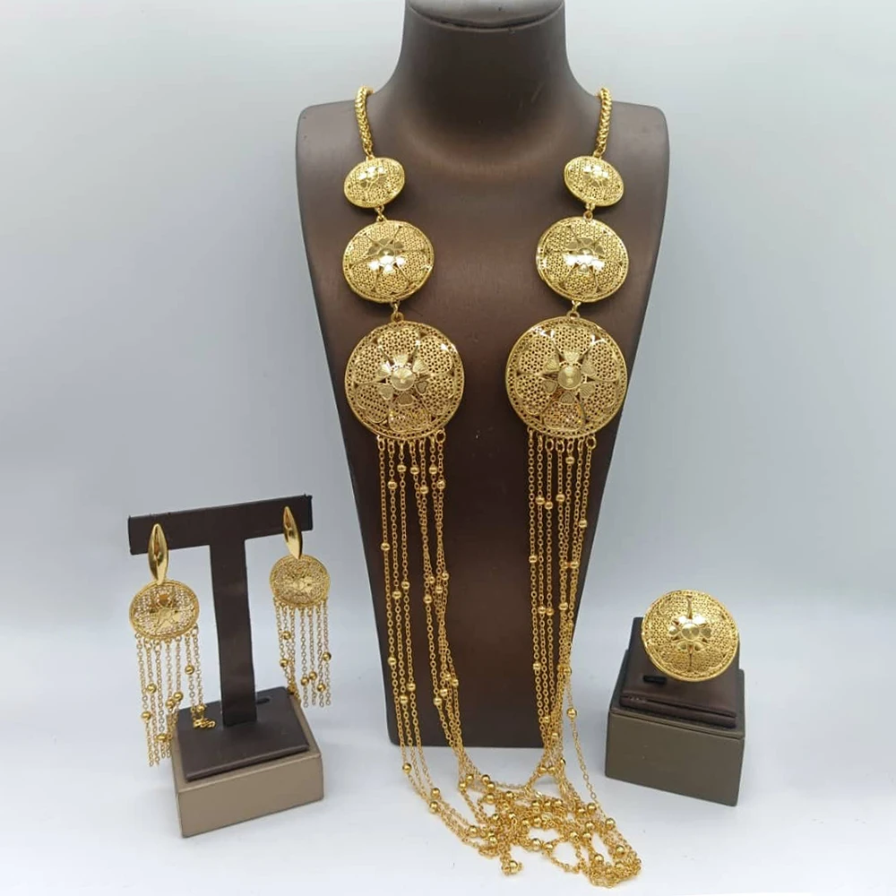 African Gold Color Jewelry Set for Ladies Bohemia Flower Design Long Chain Necklace and Earrings with Ring Set for Weddings Gift
