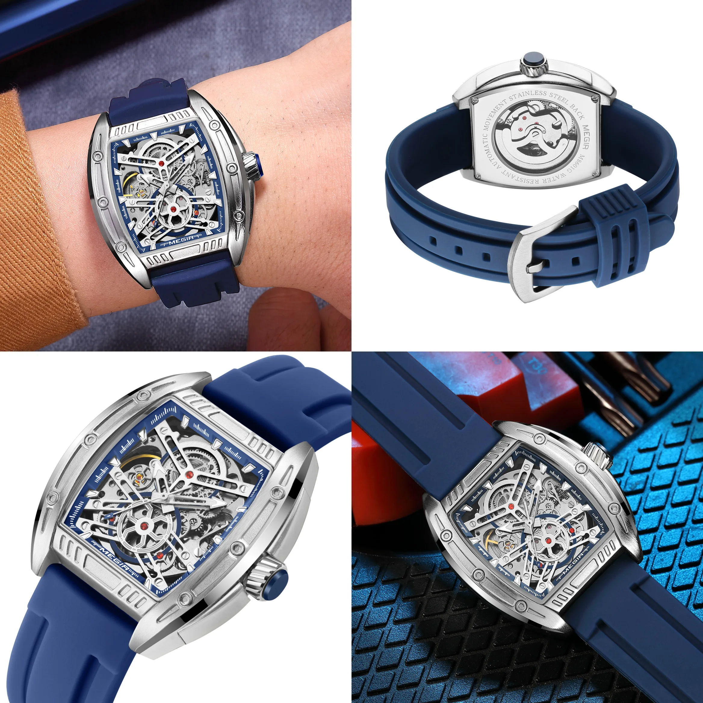 MEGIR Sport Mechanical Movement Wristwatch for Men Luxury Silicone Strap Automatic Watch Waterproof Luminous Big Dial Clock