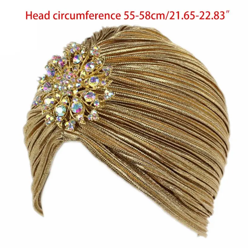 Women Indian Turban Hat Head Wrap Pleated Soft Velvet Hair Hijab Cap with Brooch