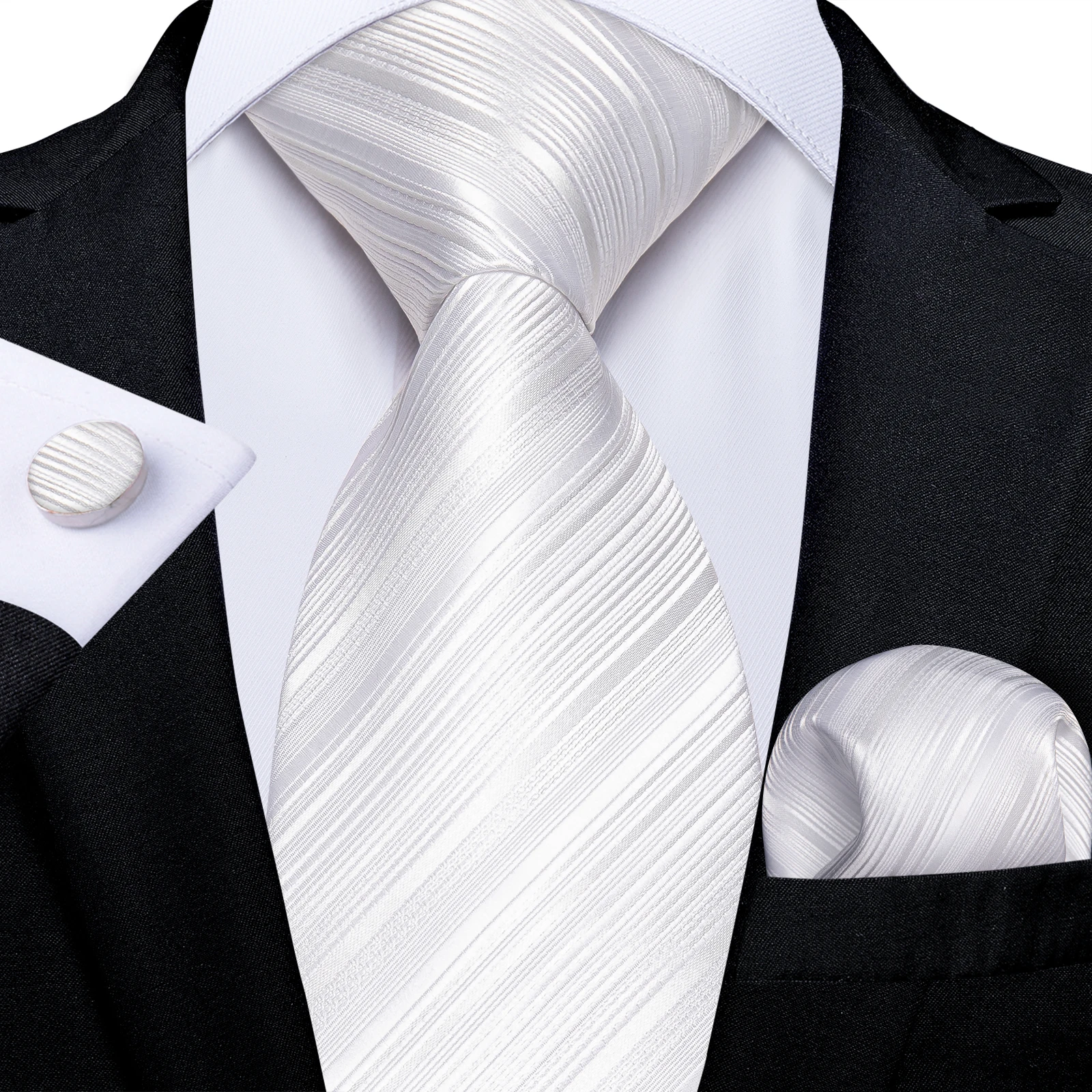 Men's Wedding Party Plain Striped White Tie Set Handkerchief Cufflinks Red Blue Green Jacquard Woven 8cm Necktie for Suits
