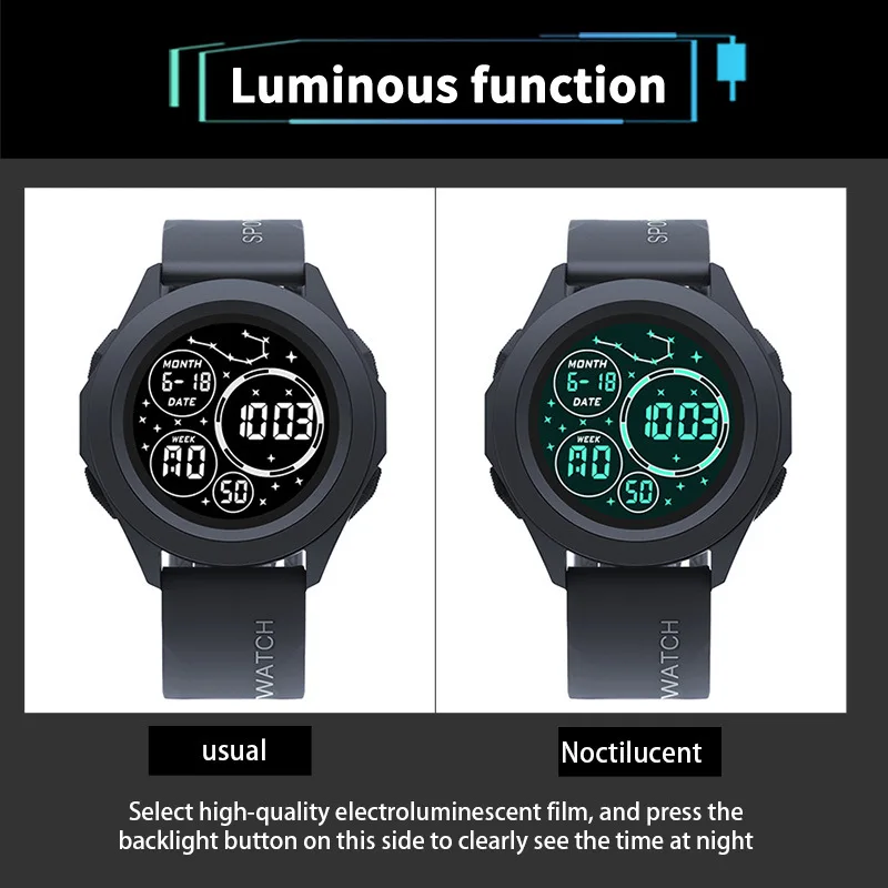 YIKAZE Sports Watch Men's Digital Watches Starry Man Sport Watch Waterproof Multifunctional Clock Outdoor LED Electronic Watch