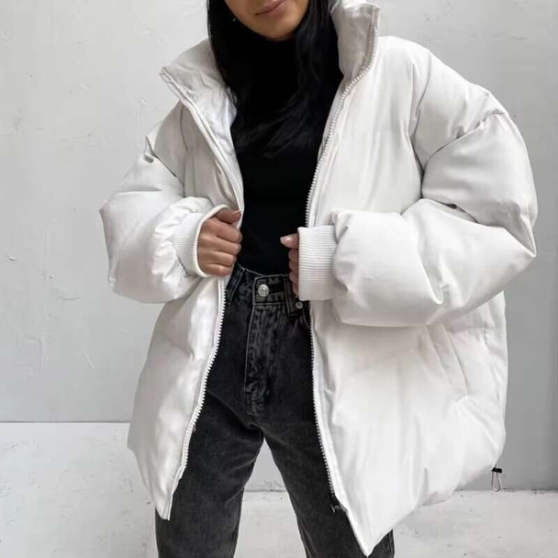 Autumn and winter women's designer solid color thick warm loose hooded zipper quilted jacket cotton coat, outdoor windbreaker jacket, jacket, whi