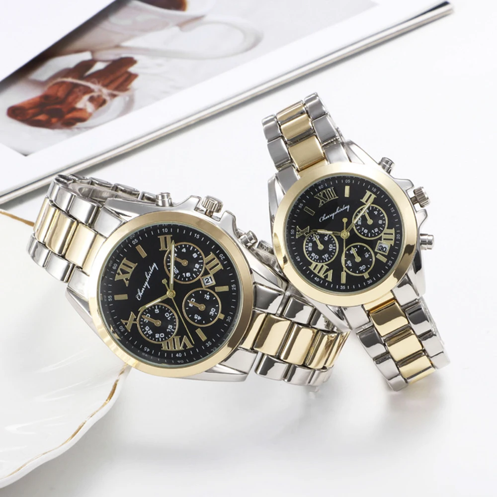 6Pcs Set Couple Watch Men Women Quartz Watch Luxury Three Eyes Steel Wristwatch Men's Bracelet Women's Earring Necklace With Box