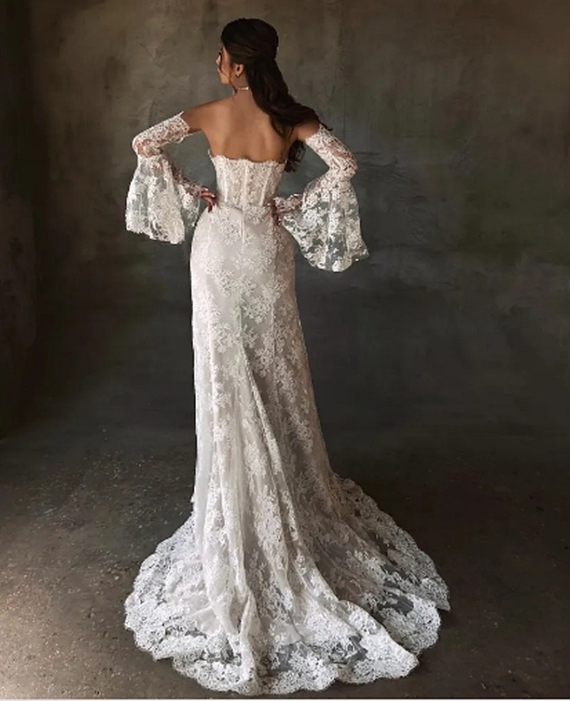 Strapless Beach Lace Mermaid Wedding Dresses Side Split Corset Bohemian Bridal Gown With Detachable Long Sleeves Ivory With Champagne Vestido De Novia