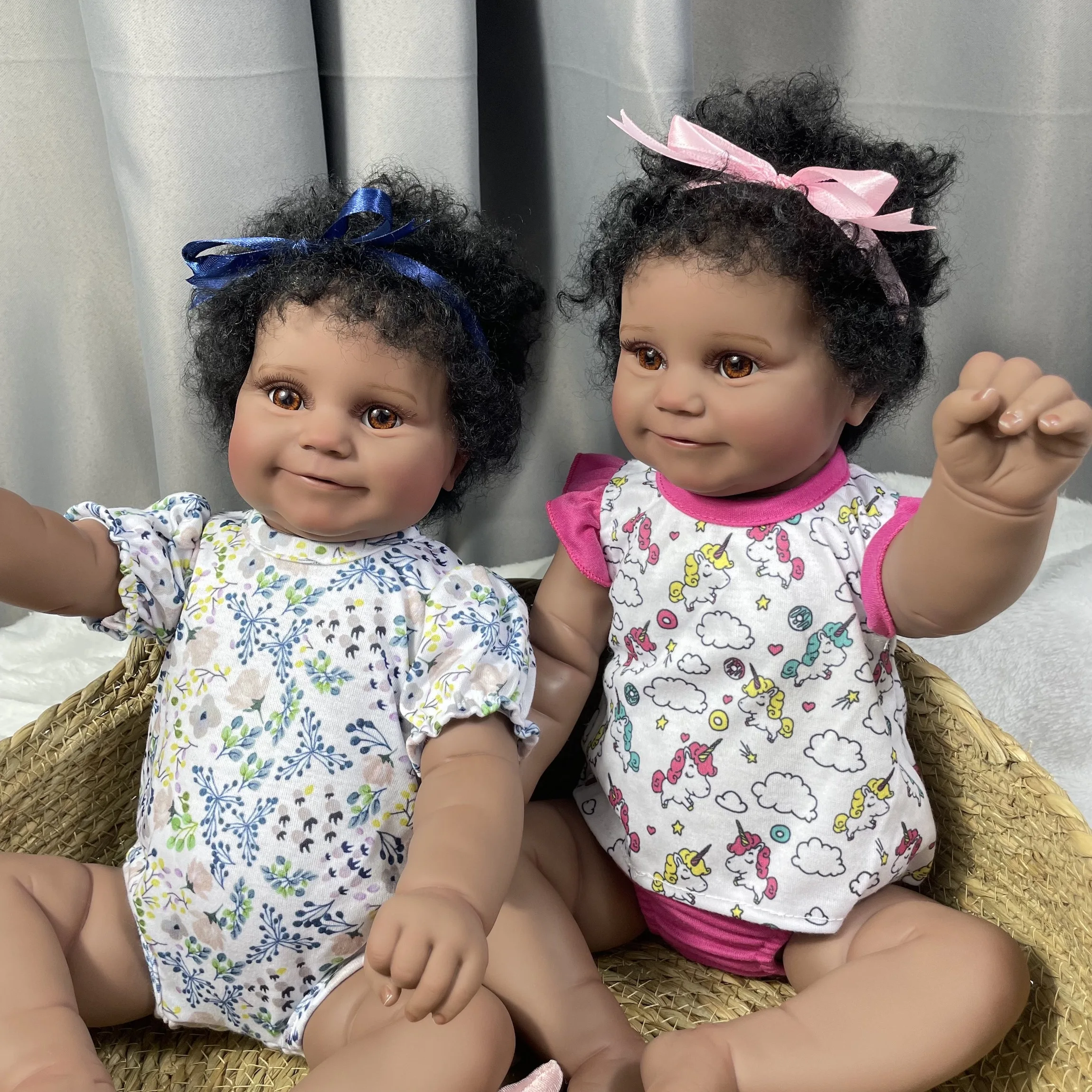 19Inch African American Doll Maddie Twins Full Silicone Vinyl Girl Washable Dark Skin Reborn Baby Handmade Rooted Hair Toy Gift