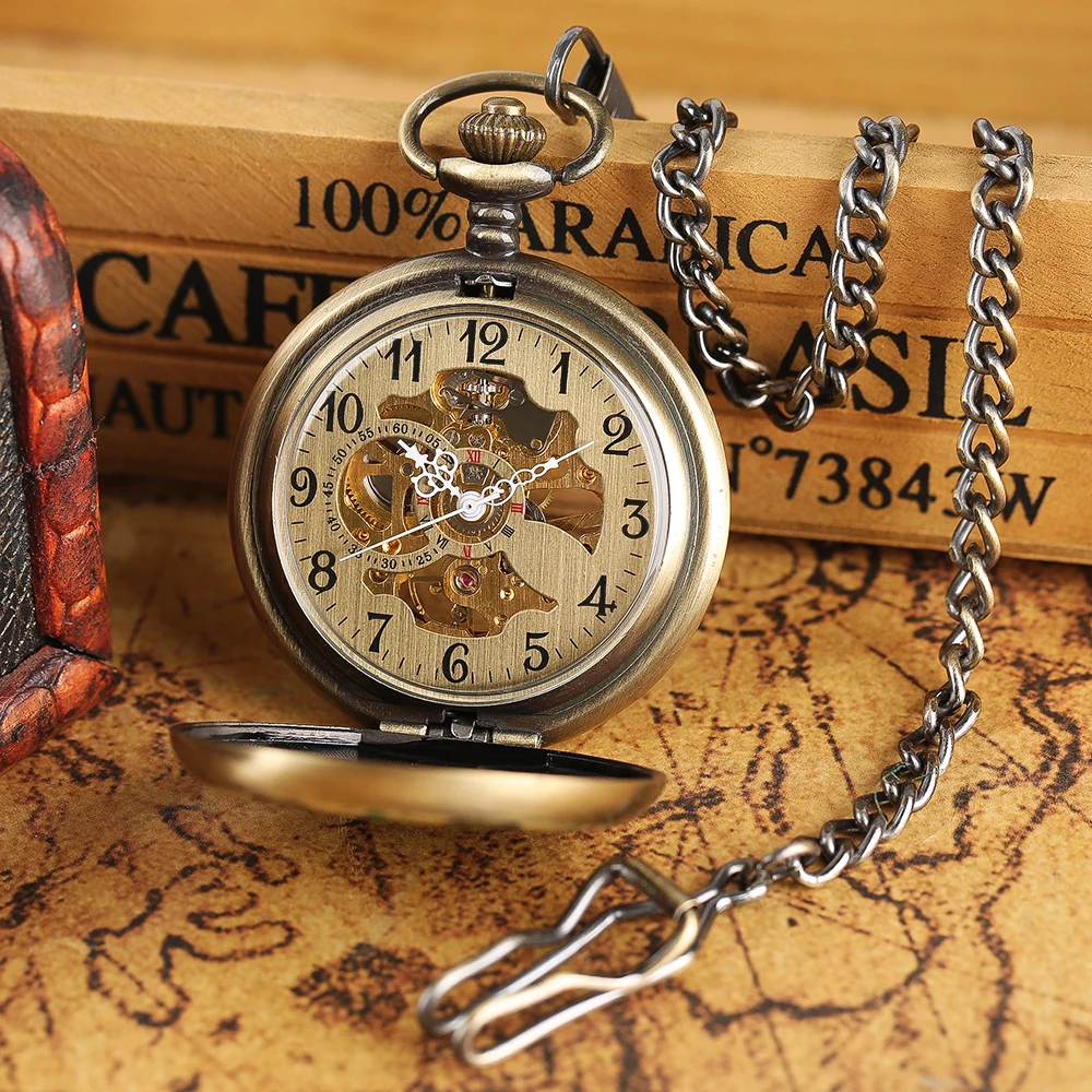 Retro Bronze Flower Pattern Design Mechanical Hand Winding Men's Pocket Watch with 30 cm Pocket Pendant Chain Antique Style Gift