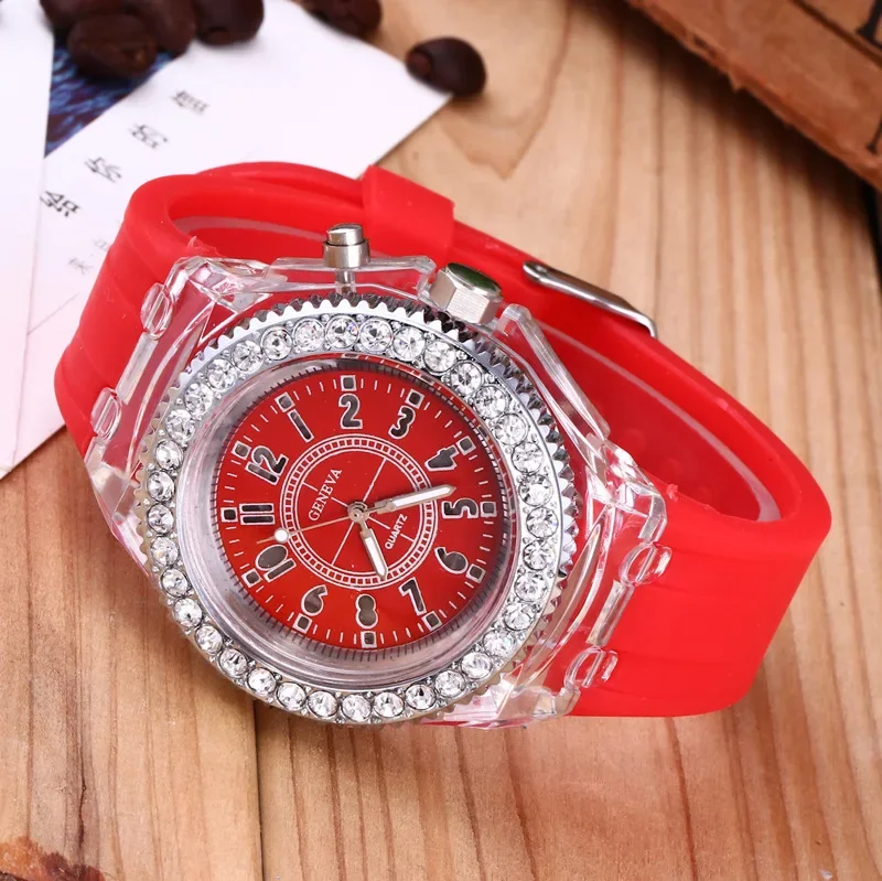 Creative LED Luminous Watches Geneva Women Quartz Watch Women Ladies Silicone Bracelet Watches Woman 12 Bright Colors Kids Gift