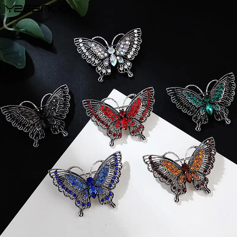 1Pc De Luxe Corsage Vintage Butterfly Brooches For Woman 5-color Rhinestone Sparkling Butterfly Insects Party Office Brooch Pins