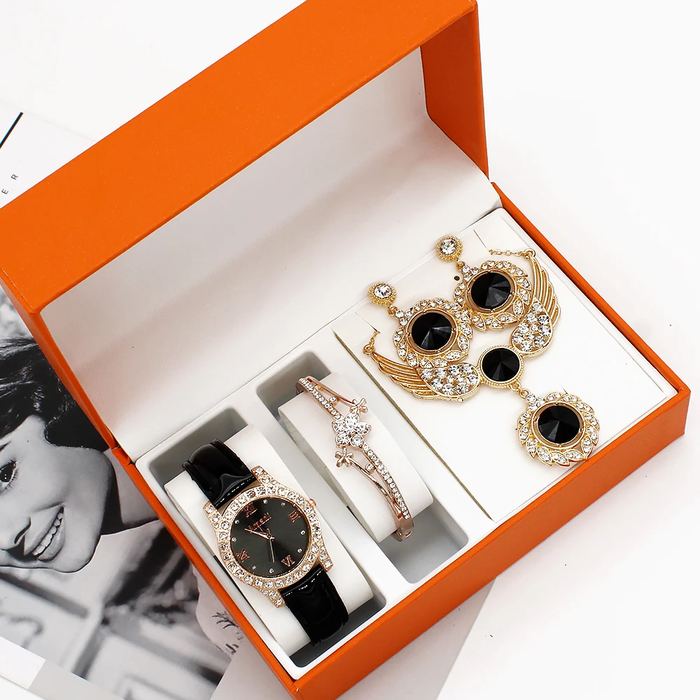 4pcs Set Watches Women Leather Band Watch Casual Womens Analog WristWatch Bracelet Pendants Earrings Gift Set Montre Femme+Box