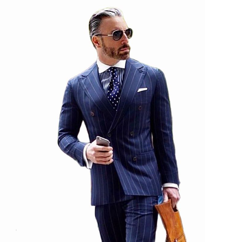 Navy Blue Business Striped Suits For 2024 Slim Fit 2 Piece Groom Tuxedos Plus Size Wedding Men Suit Blazer Pants Sets Male