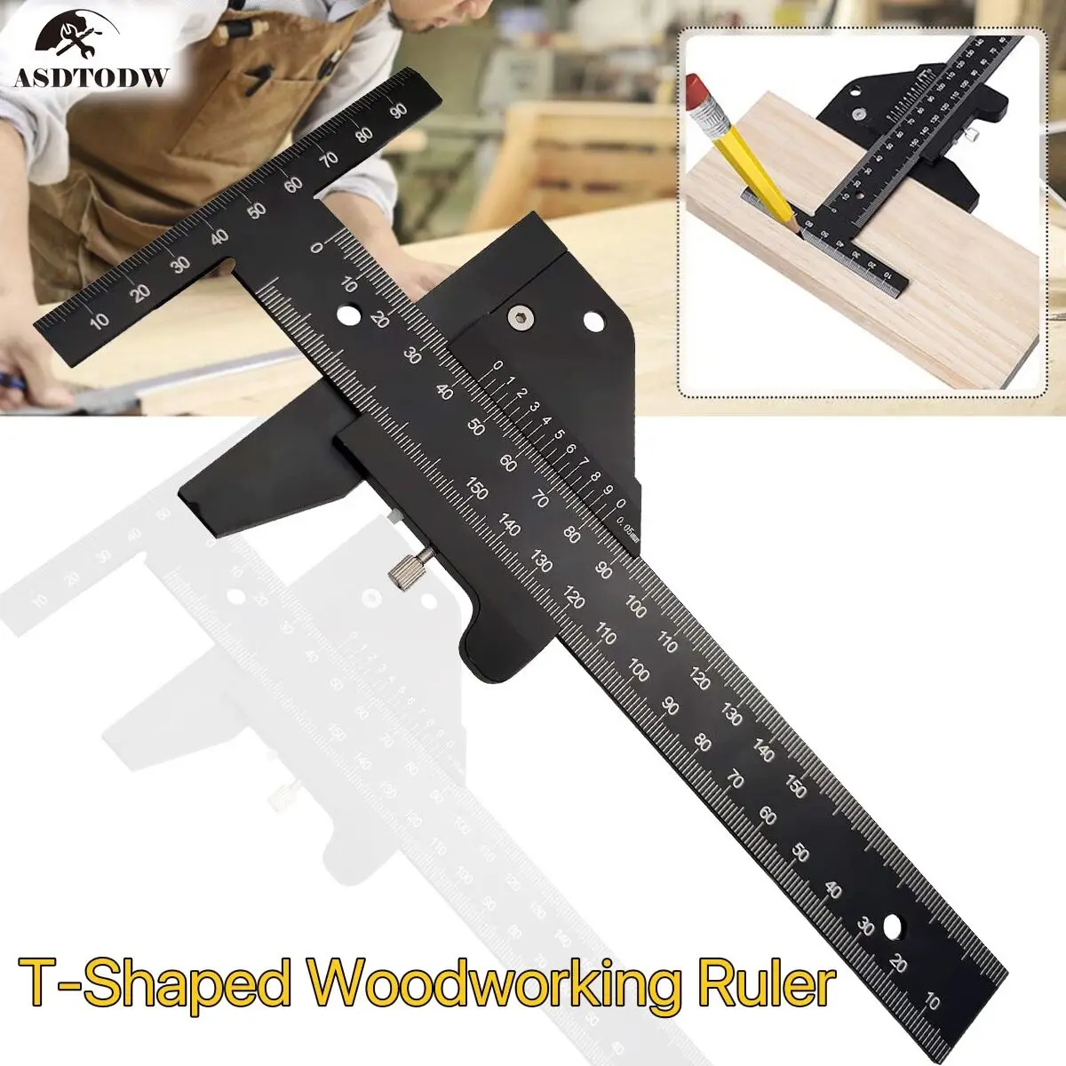 Woodworking Scriber, T Shaped Woodworking Multifunctional Ruler, Aluminum Alloy Marking Measuring Gauge - Metric