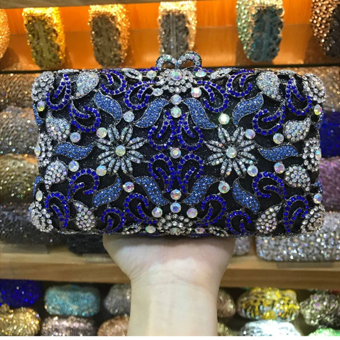 Dazzling Women Silver Color Crystal Flower Evening Bag Metal Clutches Diamond Wedding Minaudiere Handbag Bridal Clutch Purses