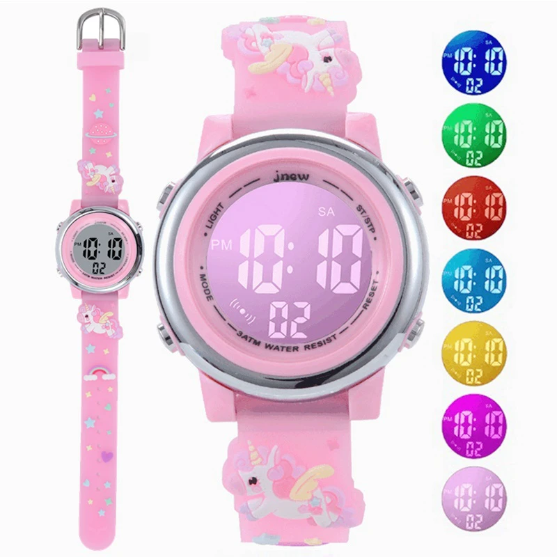 Beautiful Cute 3D Heart Rainbow Unicorn Girls Kids Children Silicone Waterproof Digital Sport Alarm Luminous Gifts Watches Clock