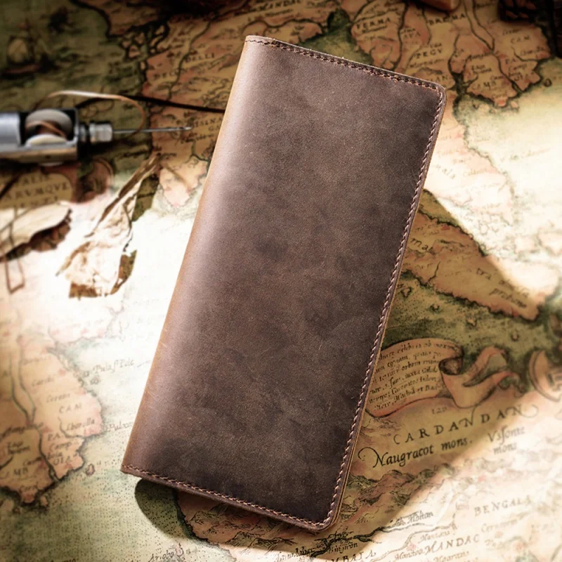 Crazy Horse Leather Long Purse Genuine Leather Cow Leather Double Fold Men's Wallet Retro Men's Large Capacity Clutch Bag