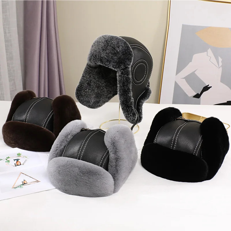 Fashion Mens Genuine Rex Rabbit Fur Bomber Hat Wusanka Hat Hunter Russian Mens Ski Hat Genuine Sheepskin Winter Warmth 241031