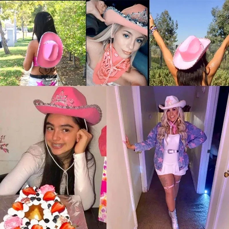 Pink West Cowgirl Hats For Women Cow Girl Hats Tiara Feather Felt Western Sequin Cowboy Hat Costume Party Night Club Cap