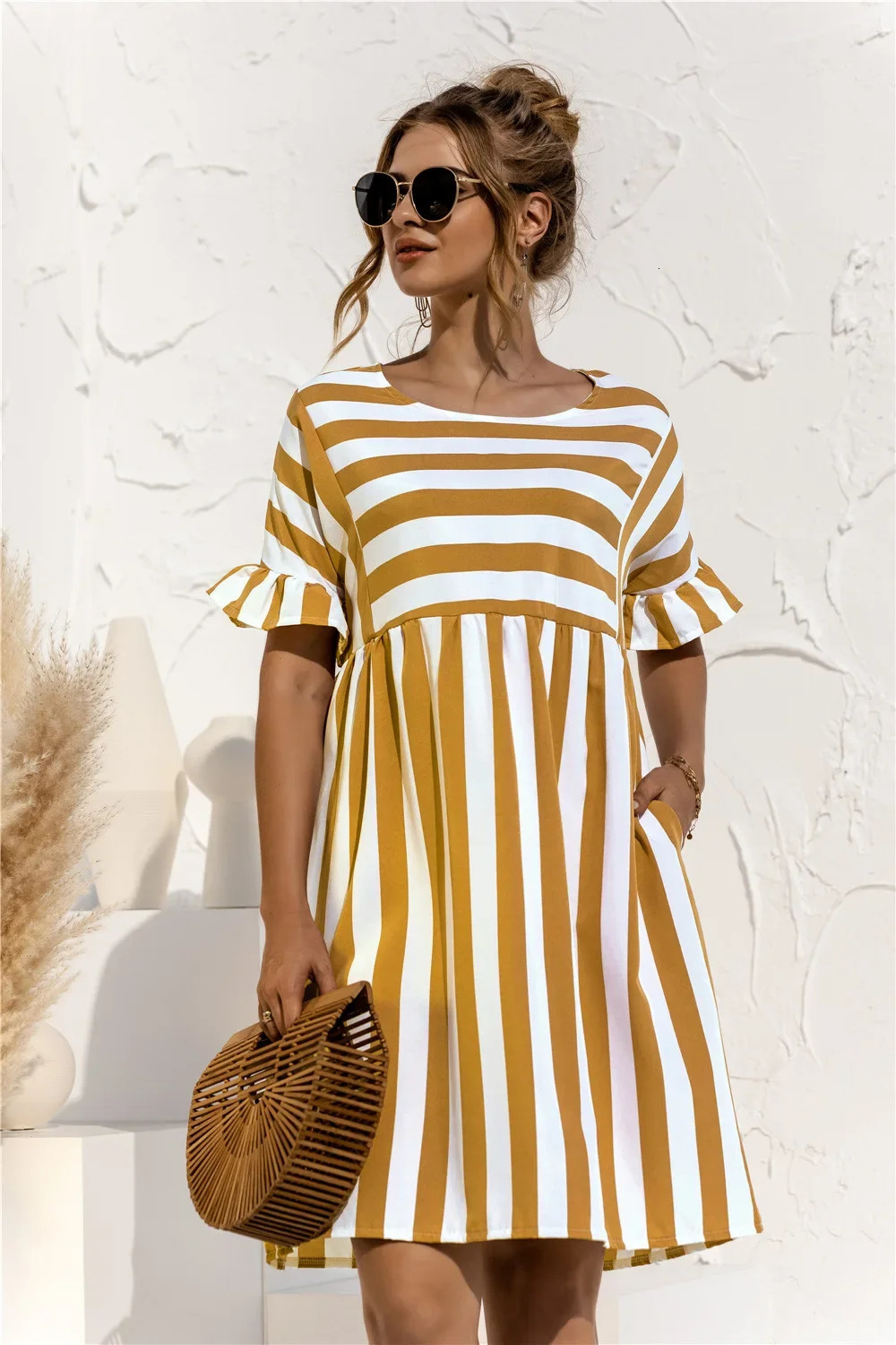 Women Summer Beach Dress Maternity Clothes Loose Striped Ruffles Sleeves Dresses Pregnancy Party Mini Sundress Vestidos 240326bj
