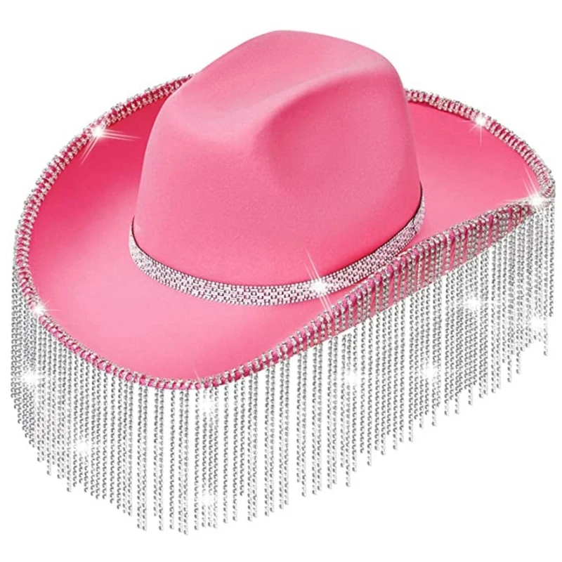 M2EA Rhinestones Cowgirl Hats Glitter Rave Cow Girl Hat with Rhinestones Fringe Adult Size Cowboy Hat for Party 3 Color