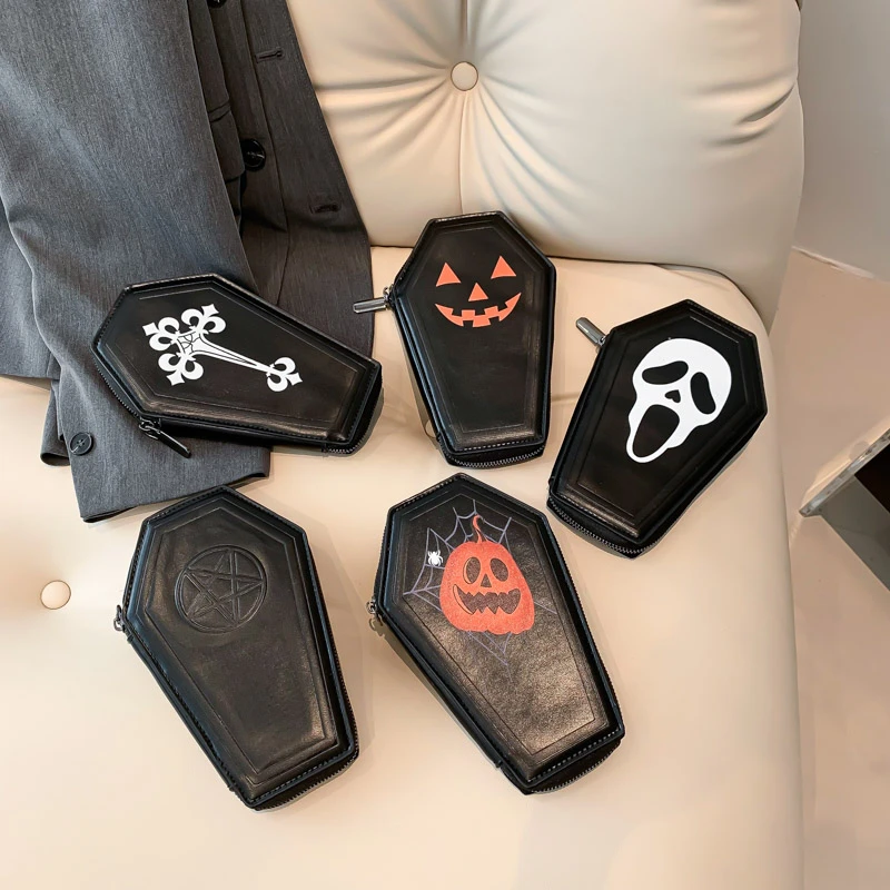 Women Novelty Gothic PU Leather Coffin Shape Clutch Bag Large Capacity Punk Style Long Wallet For Christmas Portable Coin Purse