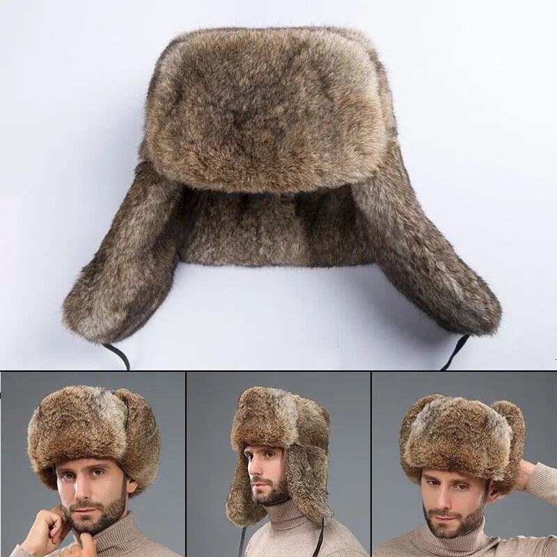 Mens Winter Warm Rabbit Fur Windproof Hat Catcher Earrings Ski Hat Warm Outdoor Work Earrings 241031