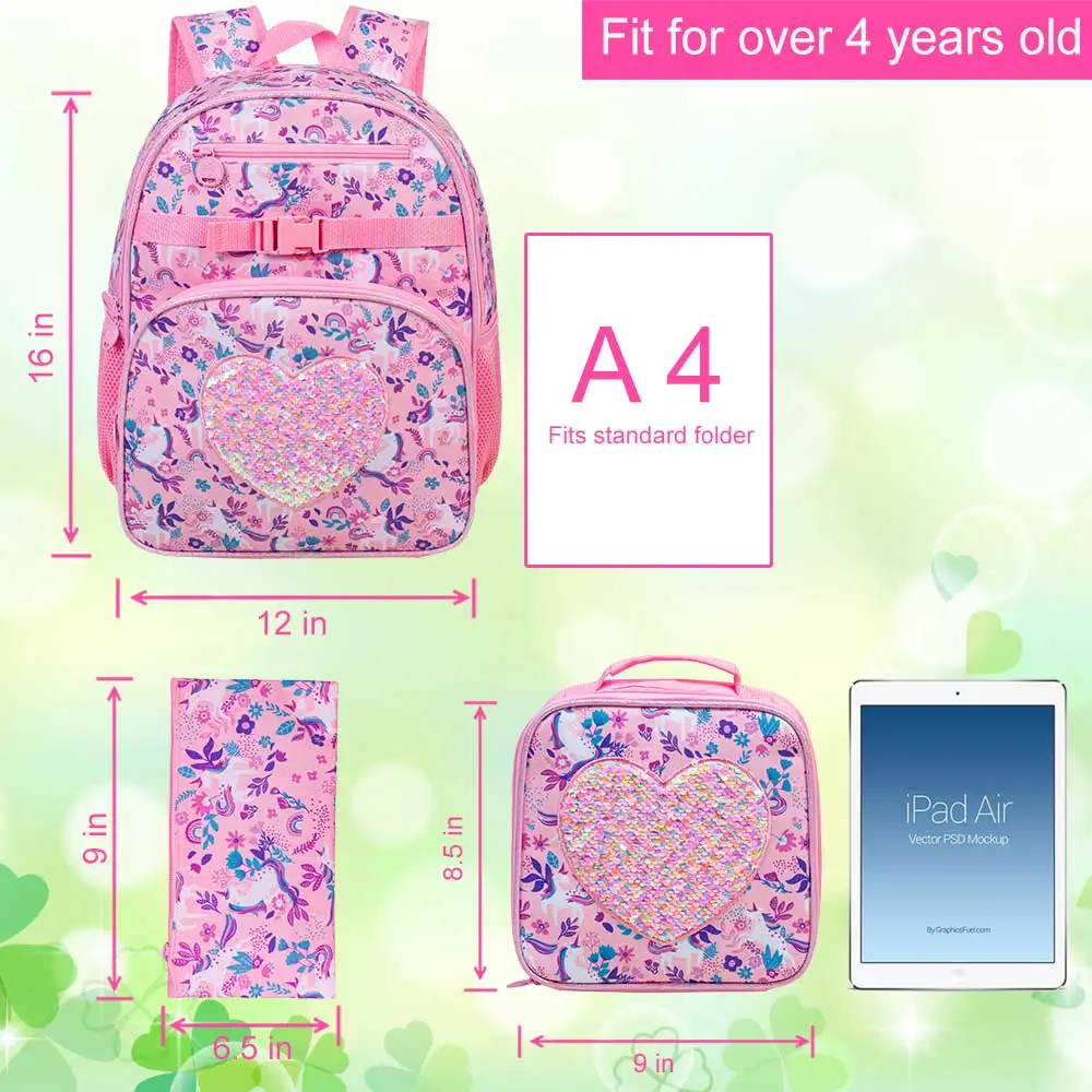 3PCS Unicorn Backpack for Girls, 16" Cute Sequins Kids Bookbag with Lunch Box, Elementary Preschool Kindergarten School Bag Set