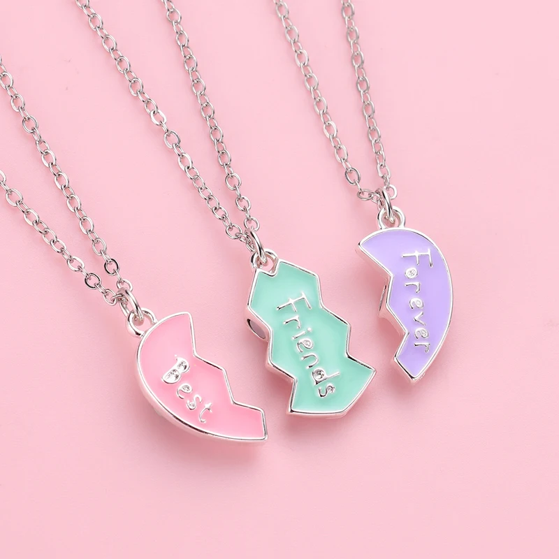 Luluo&baby 3Pcs/Set Cute 3-color Heart Broken Stitching Magnetic Best Friend Necklace for Girls Kids BFF Friendship Jewelry Gift