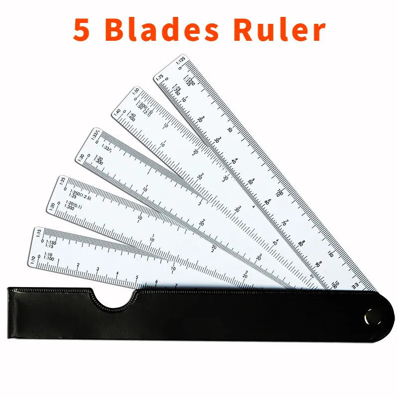 Scale Ruler Fan Shape with 5 Blades for Engineering Architects Multifunctional Multiscale 5 Sizes Foldable Rulers