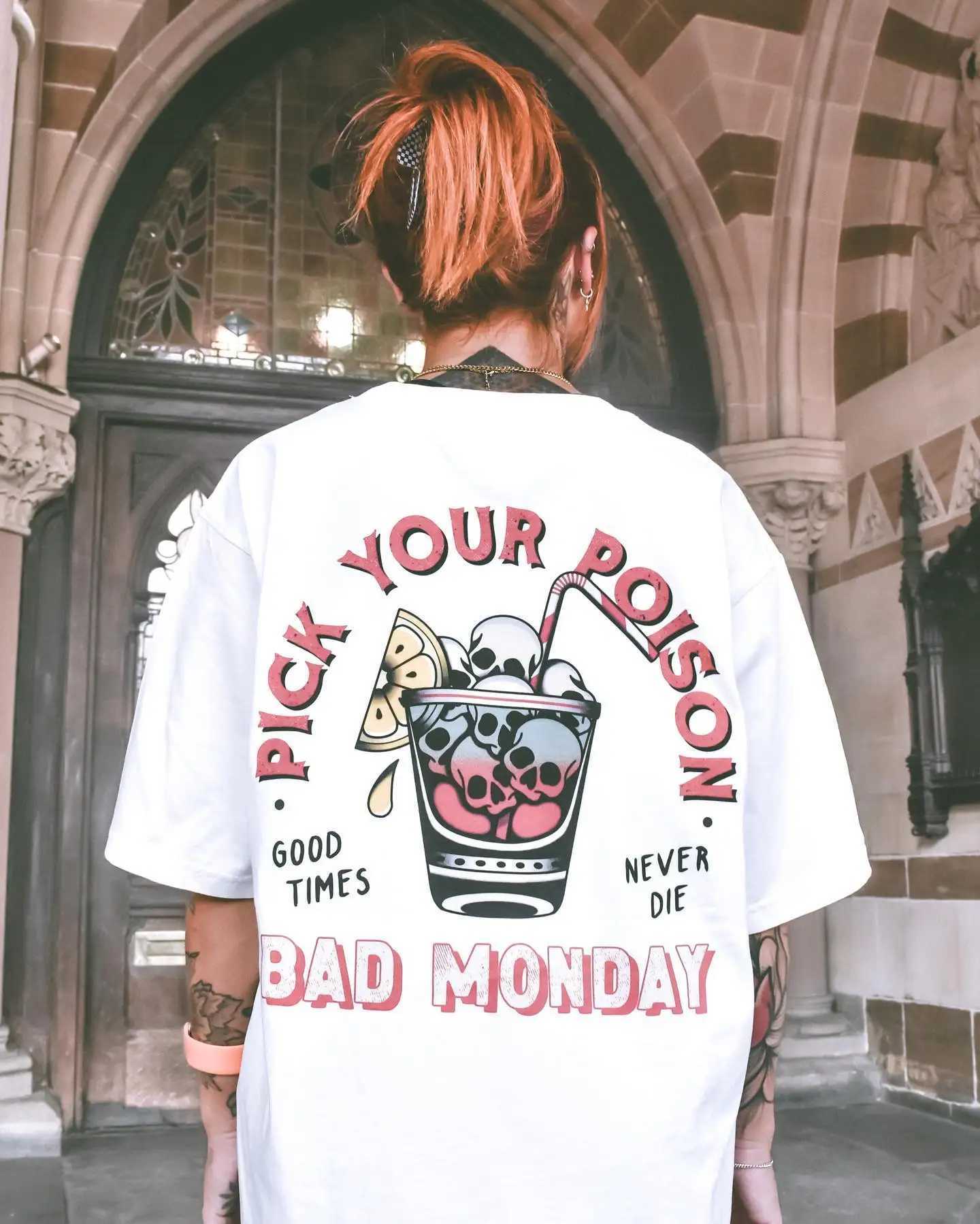 Men's T-Shirts Bad Monday T-Shirt MenWomen Short Shirt White Loose Dark Style100%Cotton Bad Monday Tattoo Culture J240402