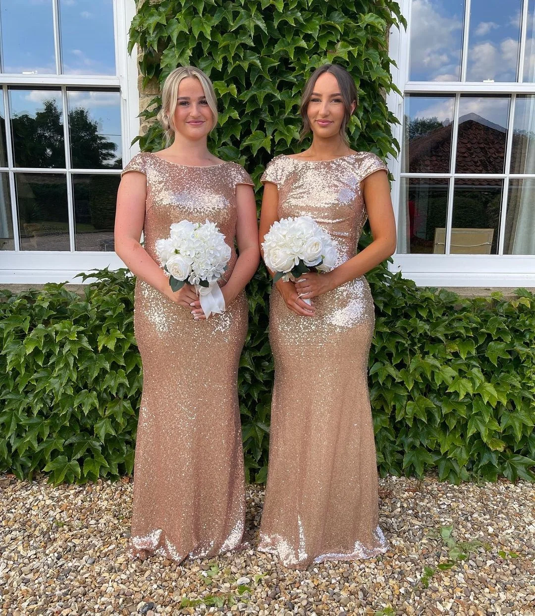 Gold Sequined Bridesmaid Dresses Low Cowl Back Sheath Mermaid Cap Sleeve Evening Prom Gowns Backless Wedding Guest Party Dress CPS344