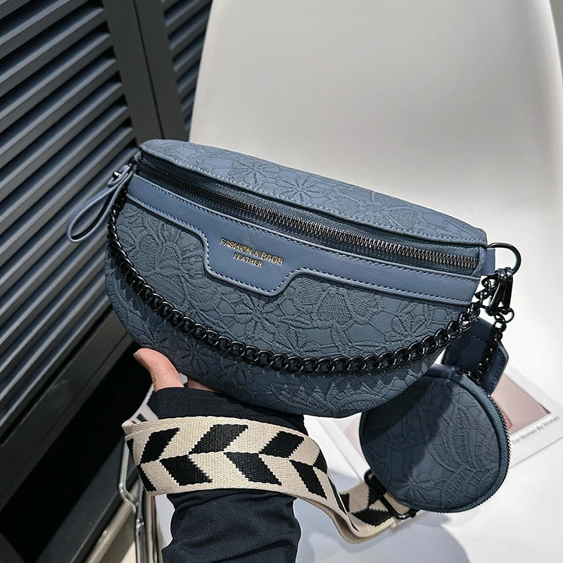 Chain Waist Bag For Women er Jacquard Embroidered Shoulder Handbag Pu Leather Belt Bag Wide Strap Crossbody Chest Bag Sac 241031