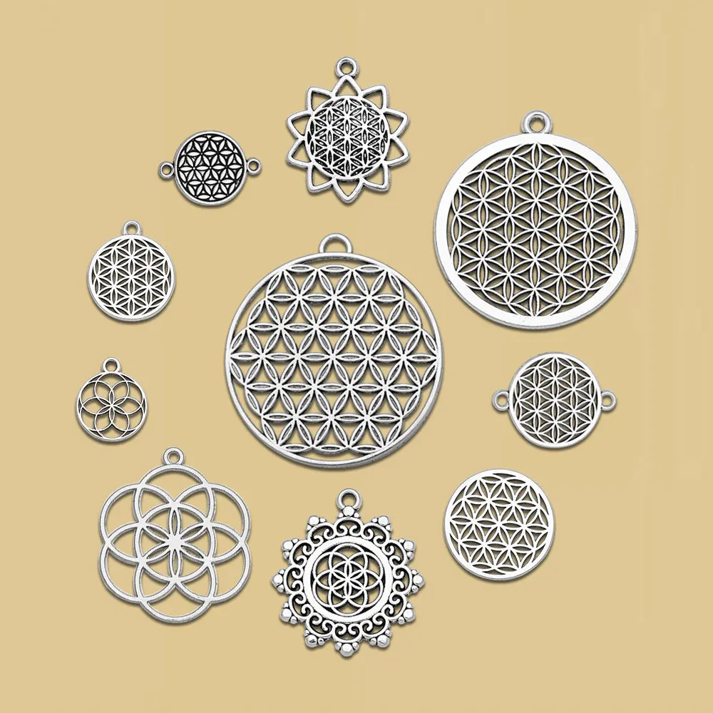 Antique Silver Plated Flower Of Life Charms Geometric Patterns Pendants For Diy Jewelry Making Findings Supplies Accessories