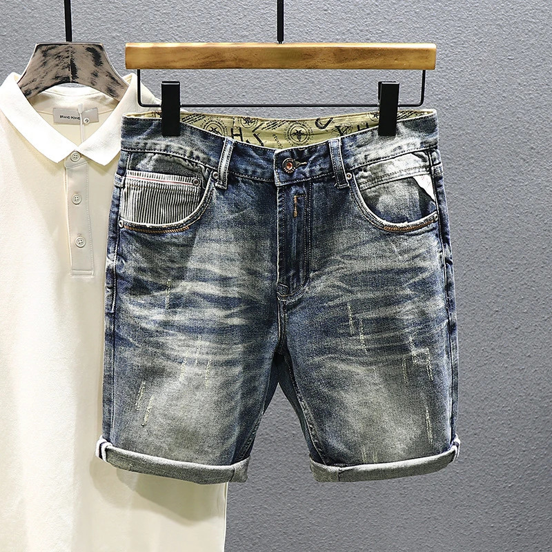 Summer Mens Vintage Straight Denim Shorts Korean Fashion Dilapidated Street Hip-hop Pants Male Youth Short Jeans 240327