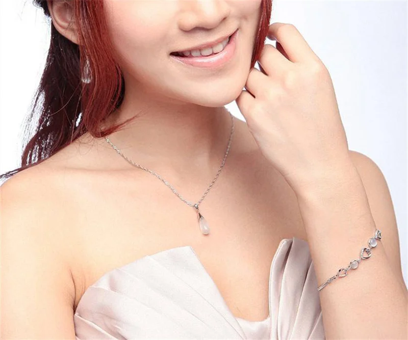 Pure Jewelry Set Simple 925 Sterling Silver Color White Pink Water Drop Opal Cat Eye Stone Pendant Necklace/Hook Earrings/Chain