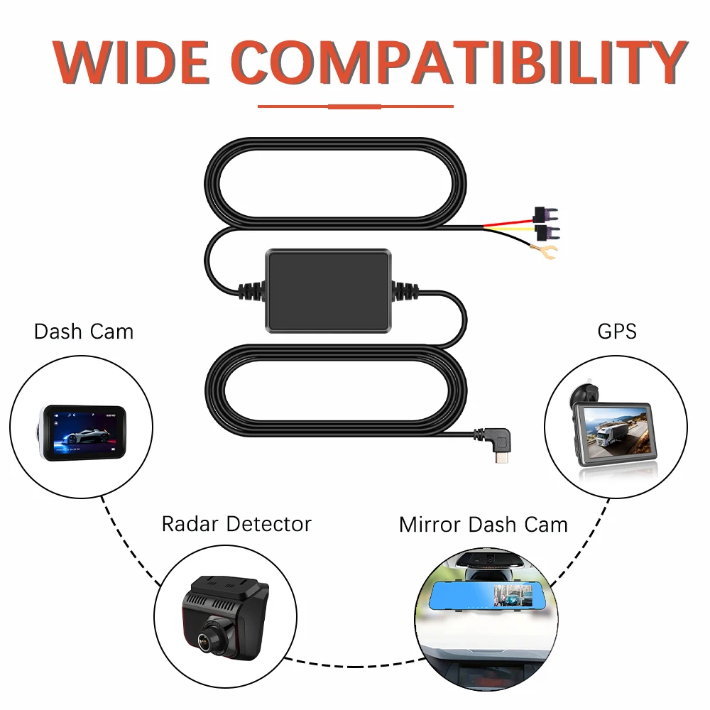 AMPrime 12V-24V To 5V/2.5A Car Step-down Line Dash Cam DVR Kit For 24H Parking Monitor Mini-USB/Type-C Tachograph Step-Down Line