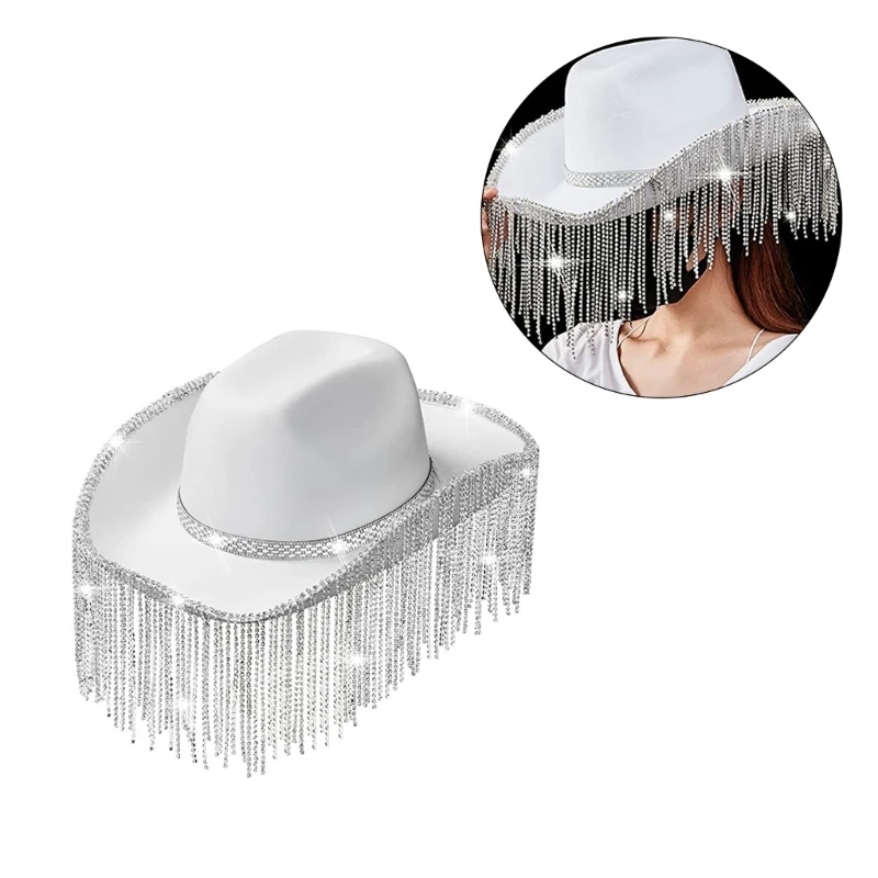M2EA Rhinestones Cowgirl Hats Glitter Rave Cow Girl Hat with Rhinestones Fringe Adult Size Cowboy Hat for Party 3 Color
