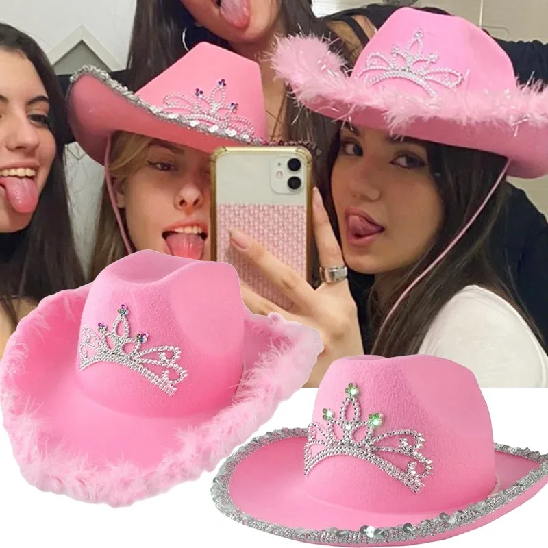 Pink West Cowgirl Hats For Women Cow Girl Hats Tiara Feather Felt Western Sequin Cowboy Hat Costume Party Night Club Cap