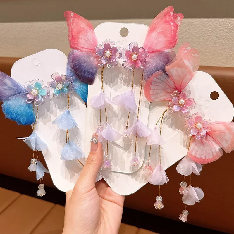 Children's Cute Tulle Butterfly Tassel Hairpins Pearl Handmade Hair Clip Small Fresh Fairy Side Barrettes Antique Headwear