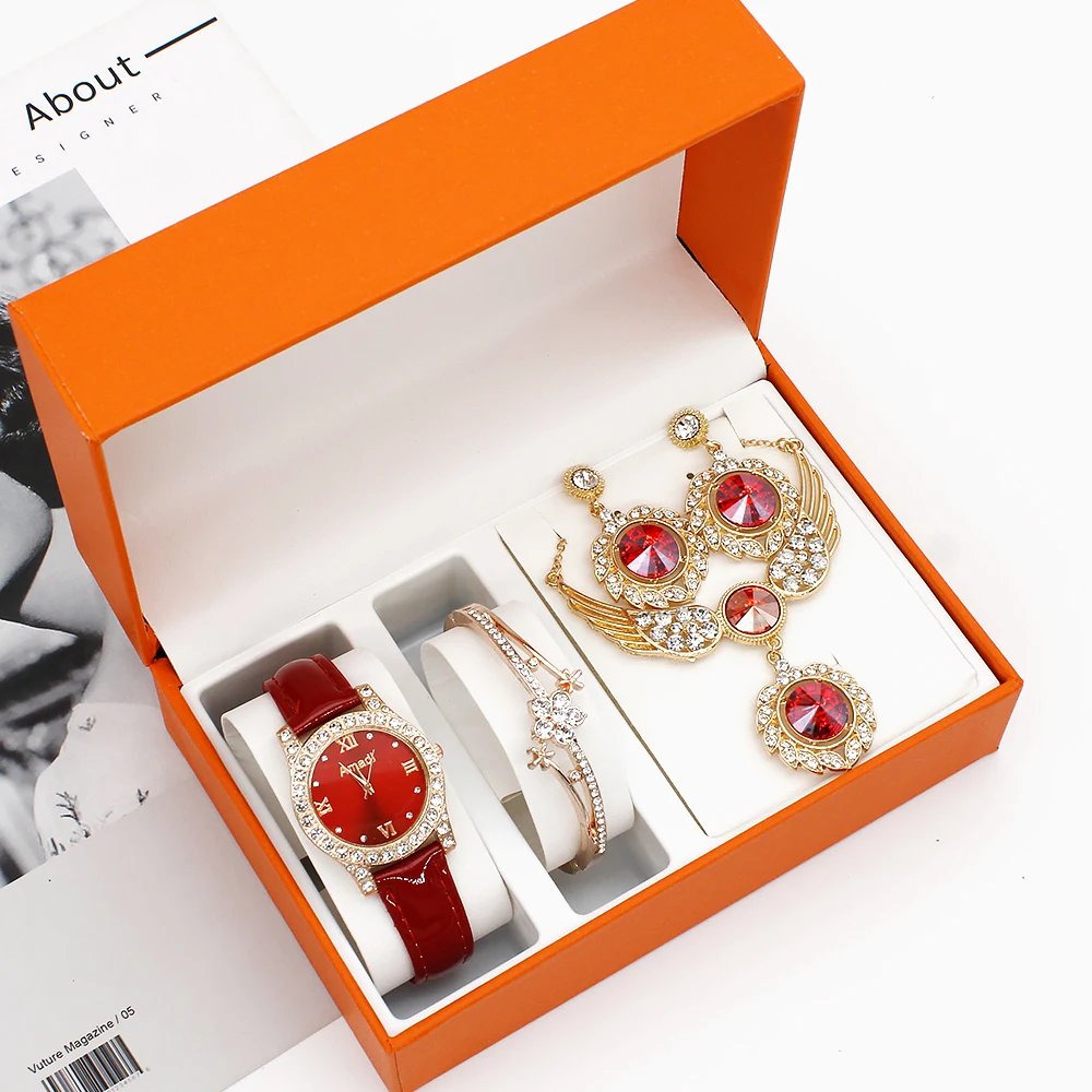 4pcs Set Watches Women Leather Band Watch Casual Womens Analog WristWatch Bracelet Pendants Earrings Gift Set Montre Femme+Box