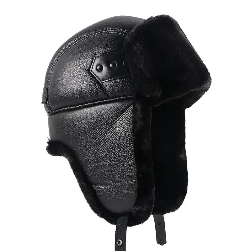 Earflap hat winter hat men autumn black Pu leather hat warm Wusanka Russian faux fur bomber pilot trap hat men 241031