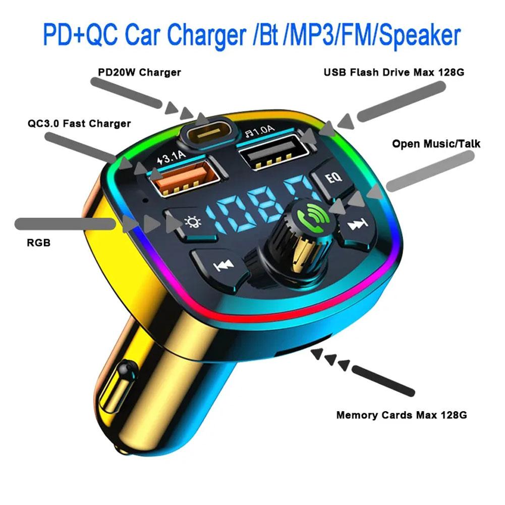 1 Pcs Car MP3 Player Bluetooth Receiver Multifunctional QC3.0 Fast Charging Colorful Atmosphere Light Handsfree Audio Receiver 1eabb 5 b7056