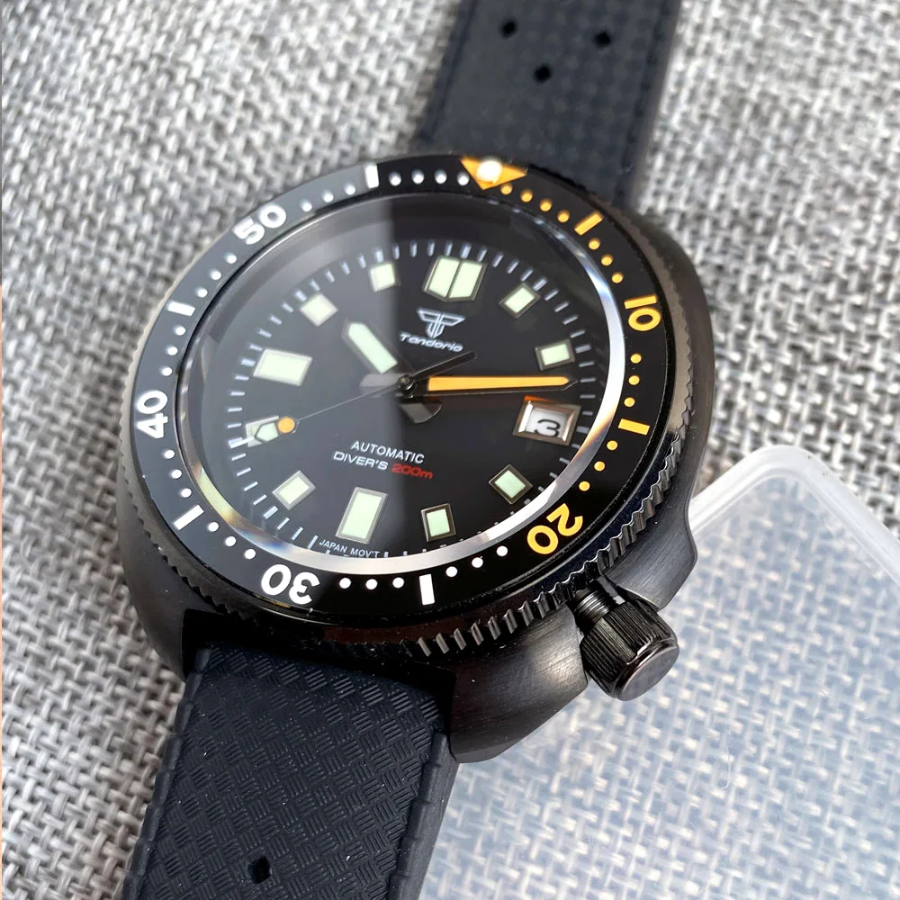 Tandorio NH35A C3 Lume Hands 44mm Automatic Men Diving Watch 200M Waterproof Sapphire Crystal Ceramic Insert Rubber Strap
