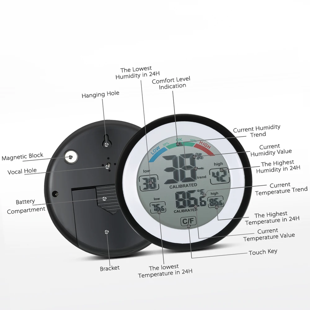 Thermometer °C/°F Hygrometer Digital Temperature Humidity Meter Max Min Value Trend Display smile °C/°F