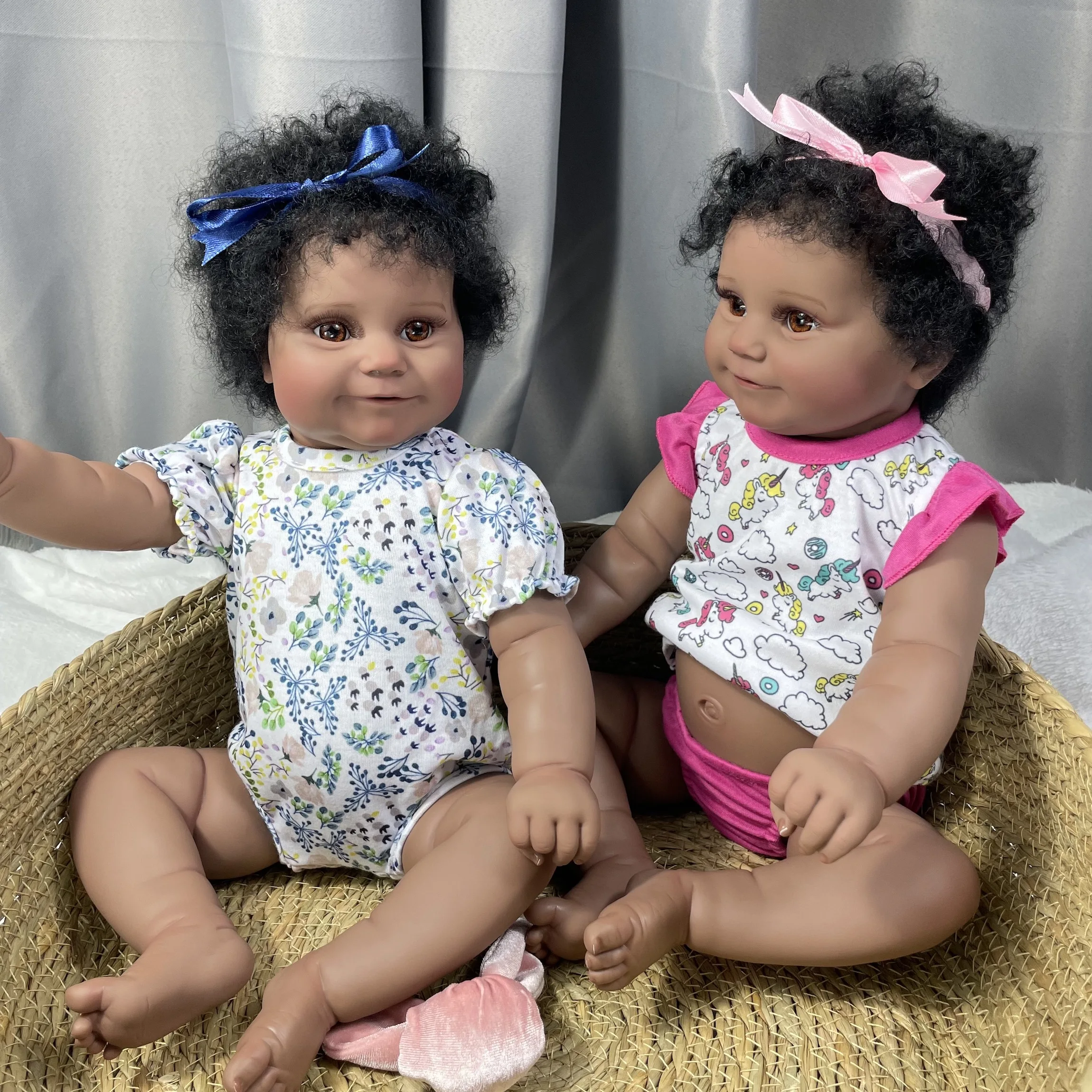 19Inch African American Doll Maddie Twins Full Silicone Vinyl Girl Washable Dark Skin Reborn Baby Handmade Rooted Hair Toy Gift