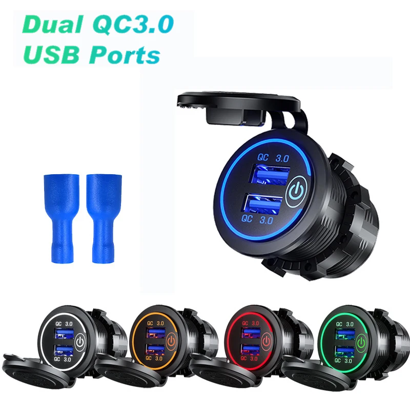 12V/24V Dual QC3.0 Car Charger Socket Power Outlet Adapter USB Fast Charger Waterproof for Boat RV Marine Motocycle SUV RV